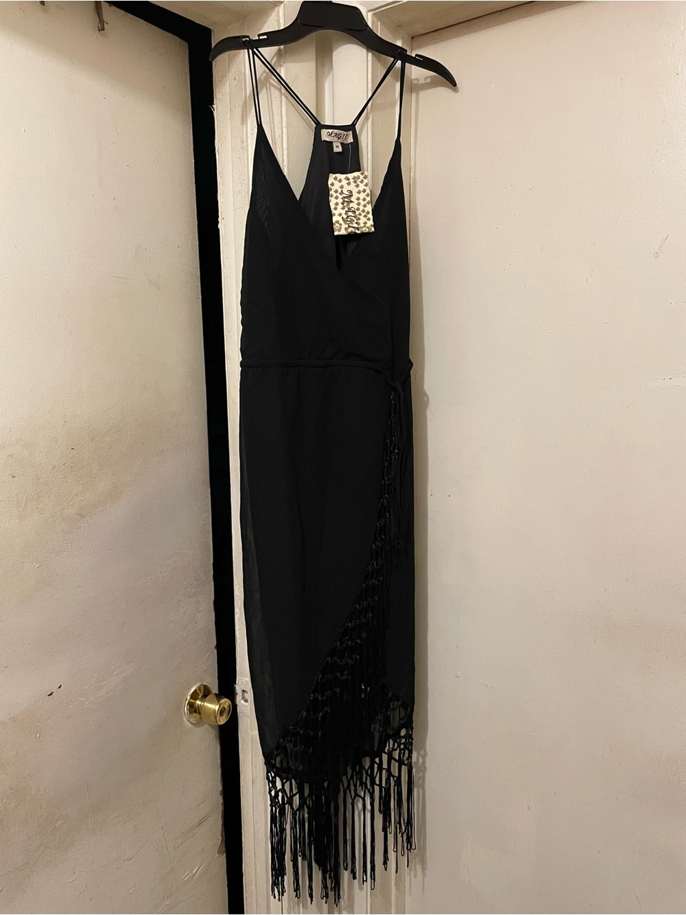Black Fringe Wrap Midi Dress Size Medium